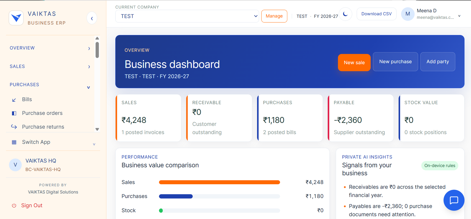 VAIKTAS ERP dashboard
